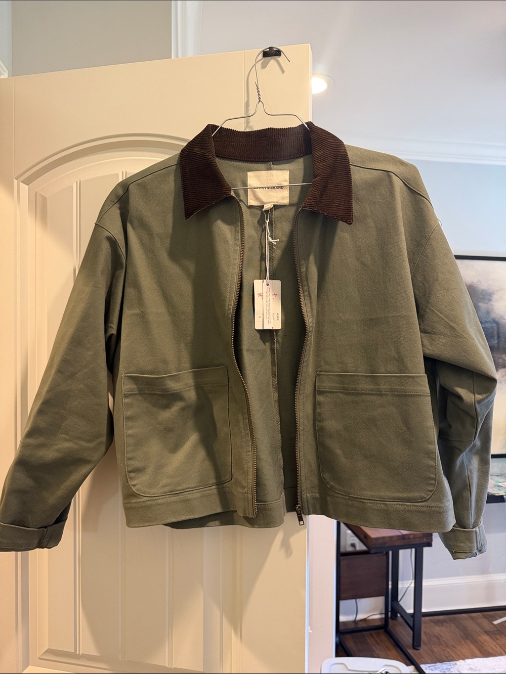 Lucky Brand Olive Green Zip Jacket with Brown Corduroy Collar